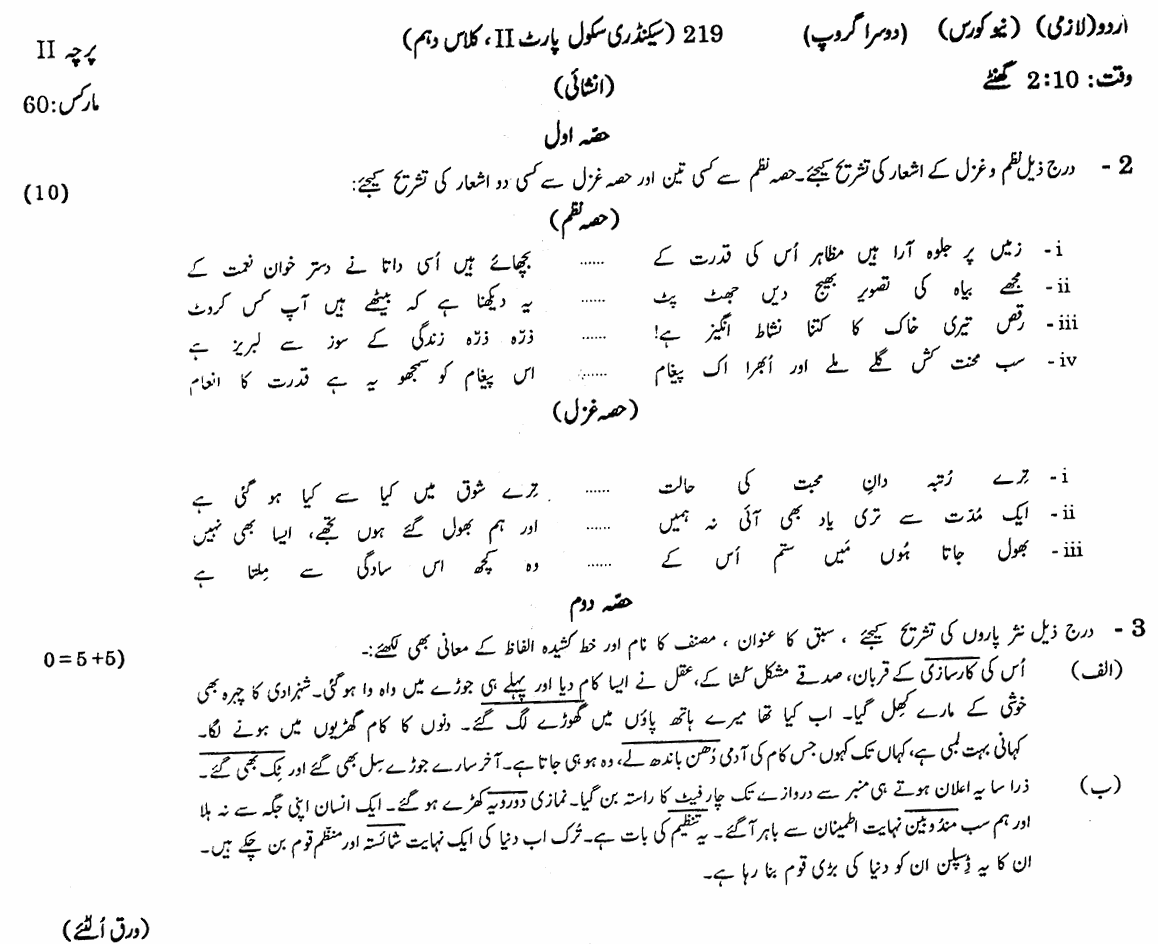 10th Class Urdu Paper 2019 Gujranwala Board Subjective Group 2